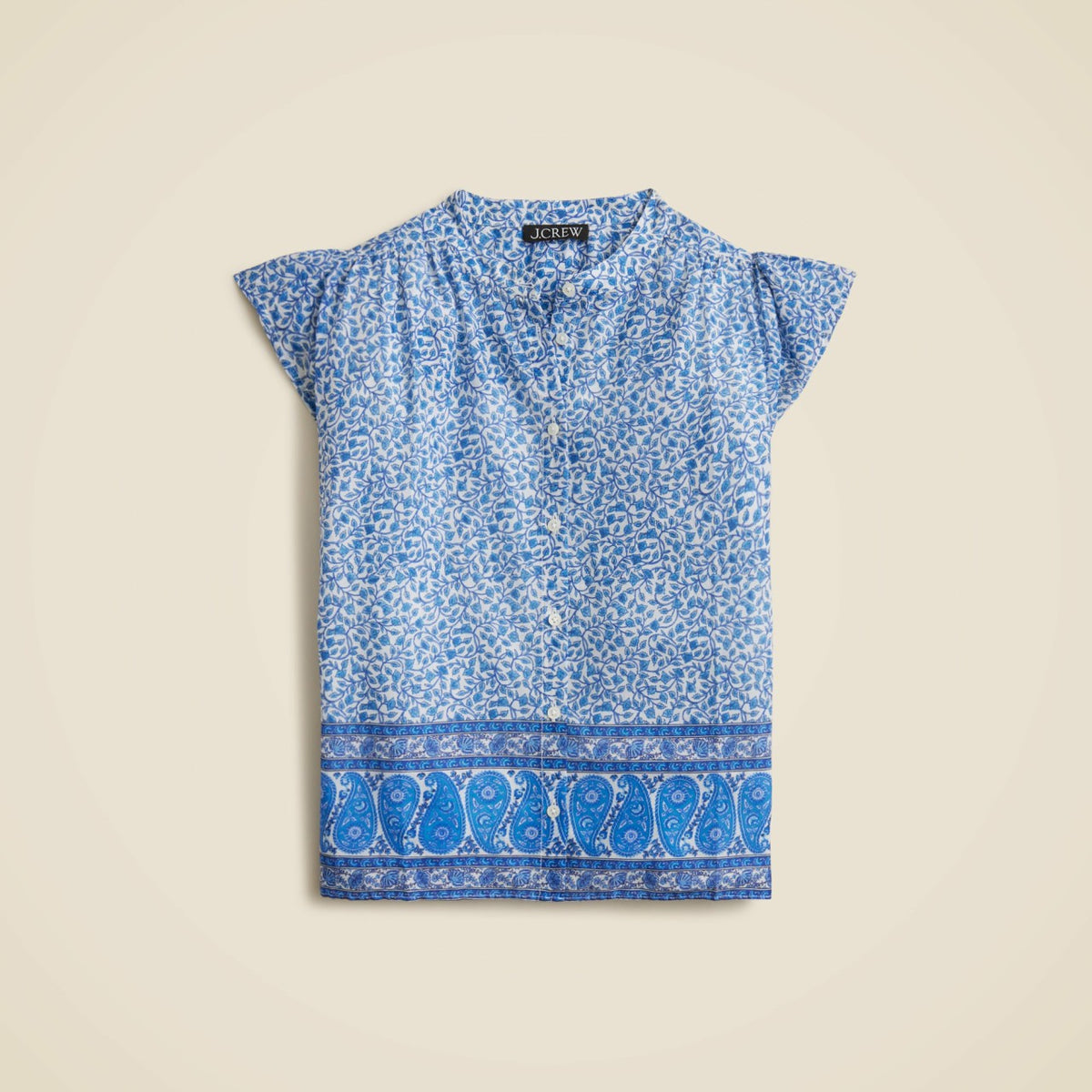 Women Flutter-sleeve button-up shirt in block-print cotton voile - J.Crew