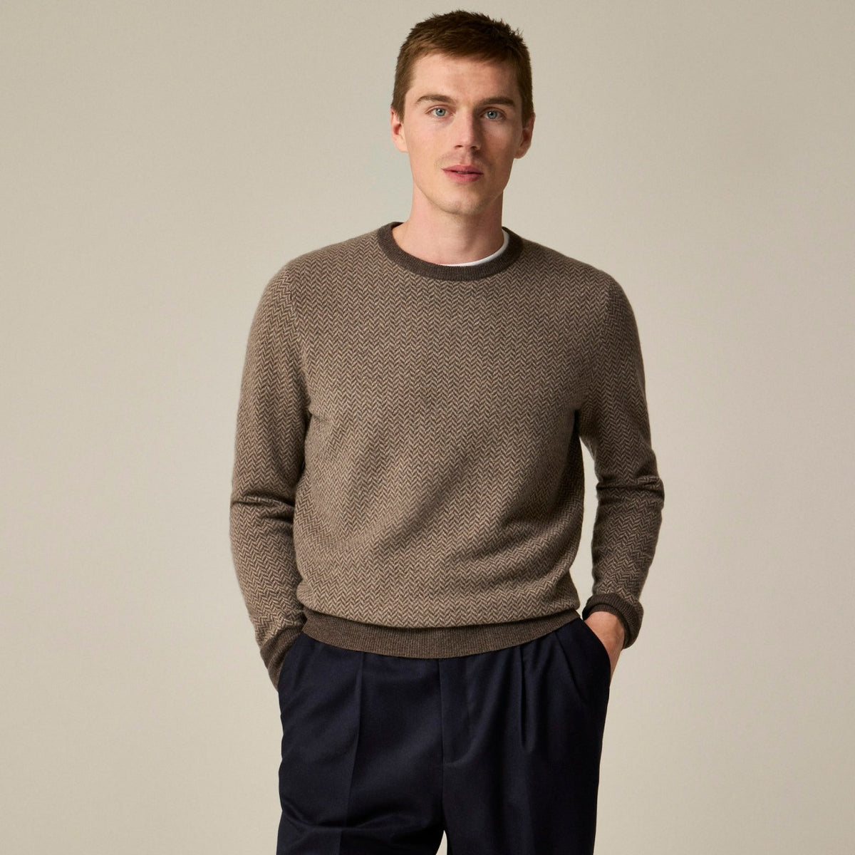Men Cashmere herringbone jacquard crewneck sweater - J.Crew