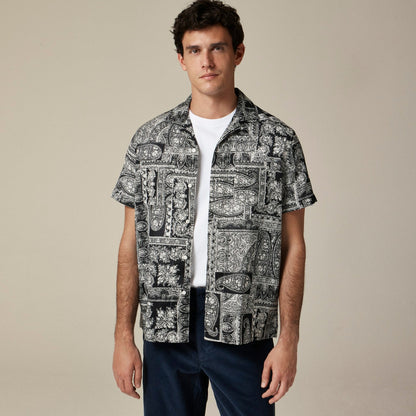 Men Short-sleeve slub cotton-linen blend camp-collar shirt in print - J.Crew