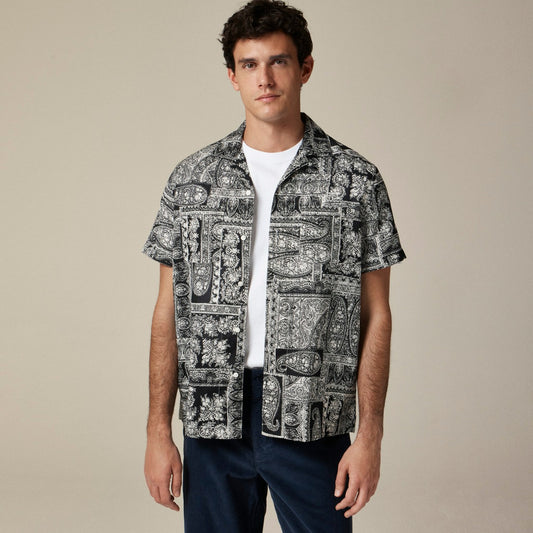 Men Short-sleeve slub cotton-linen blend camp-collar shirt in print - J.Crew