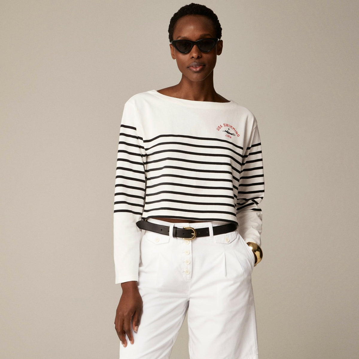 Women Limited-edition USA Swimming&reg; X J.Crew cropped boatneck T-shirt in striped mariner cotton - J.Crew