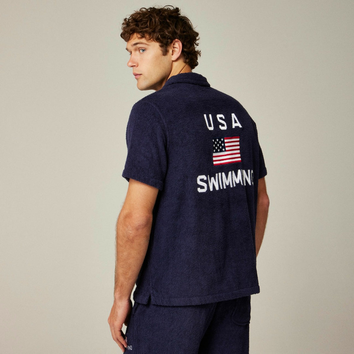 Men Limited-edition USA Swimming&reg; X J.Crew terry cloth four-pocket graphic camp-collar shirt - J.Crew