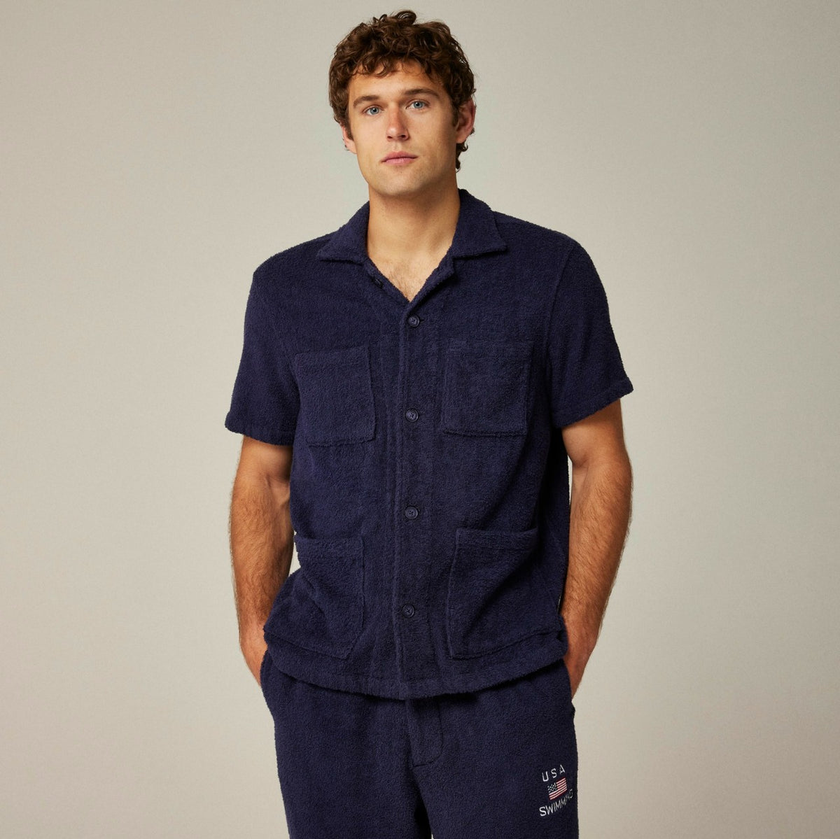 Men Limited-edition USA Swimming&reg; X J.Crew terry cloth four-pocket graphic camp-collar shirt - J.Crew