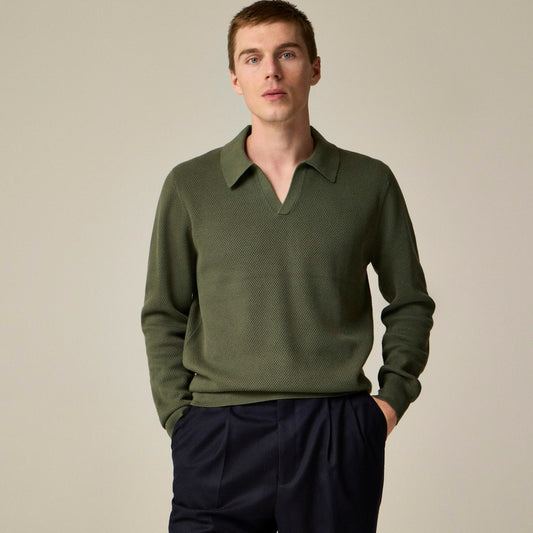Men Long-sleeve cotton mesh-stitch johnny-collar sweater-polo - J.Crew
