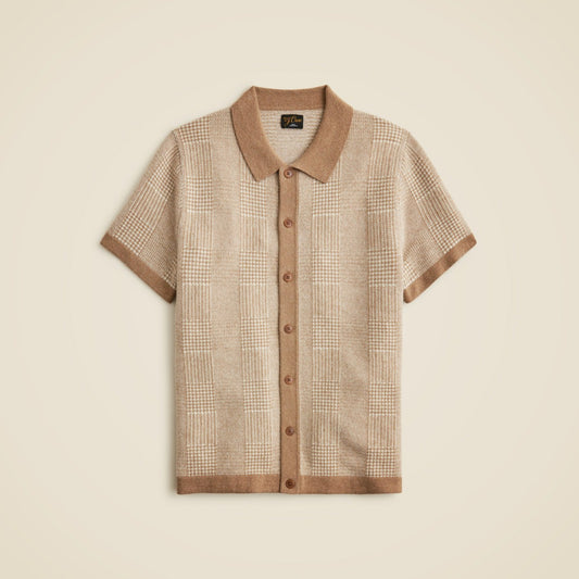 Men Short-sleeve cashmere cardigan sweater-polo in glen plaid - J.Crew