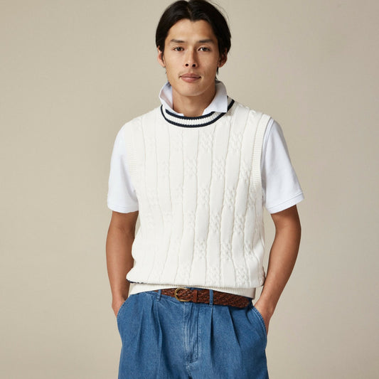 Men Cotton varsity cable-knit sweater-vest - J.Crew
