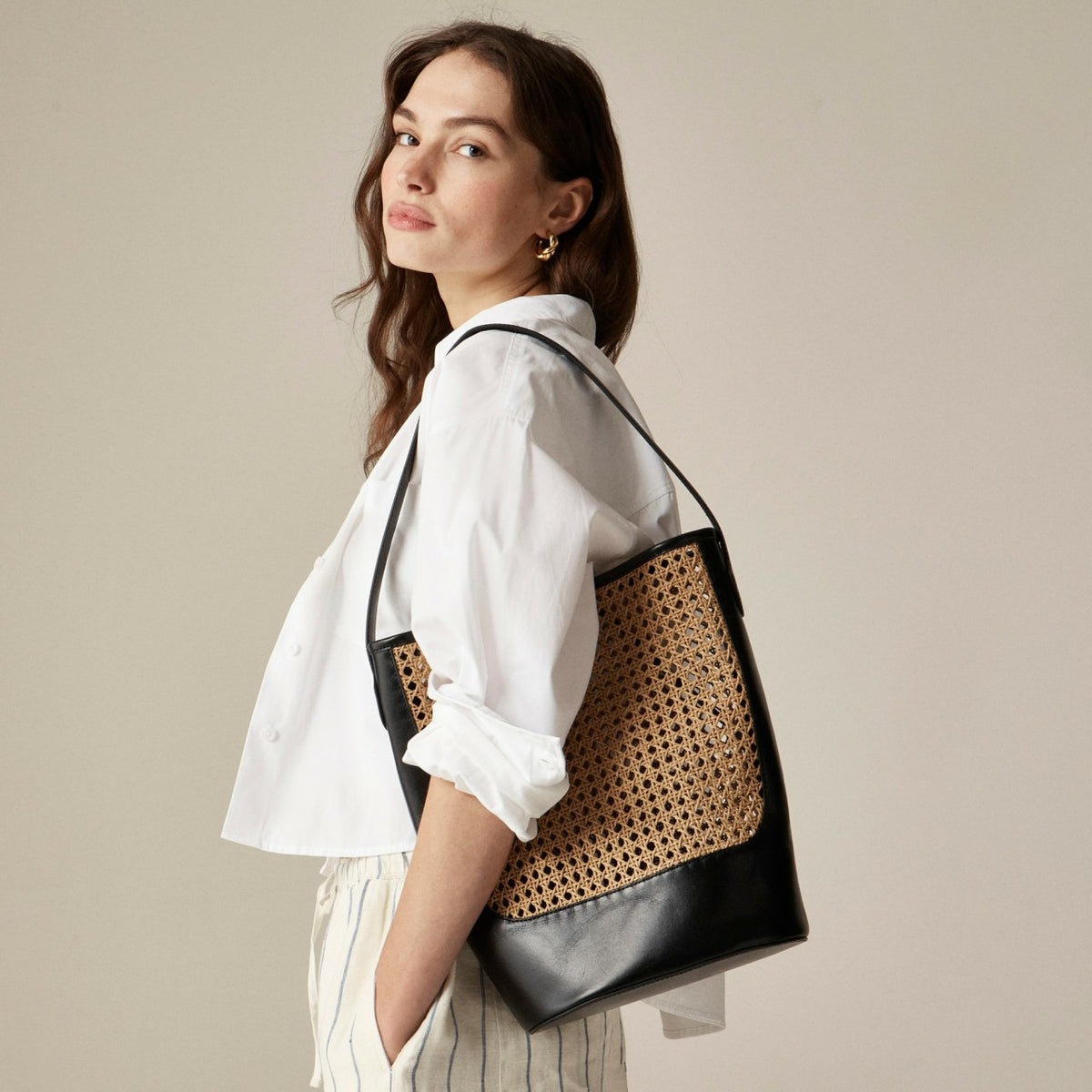 Women Berkeley bucket bag in faux raffia and leather - J.Crew