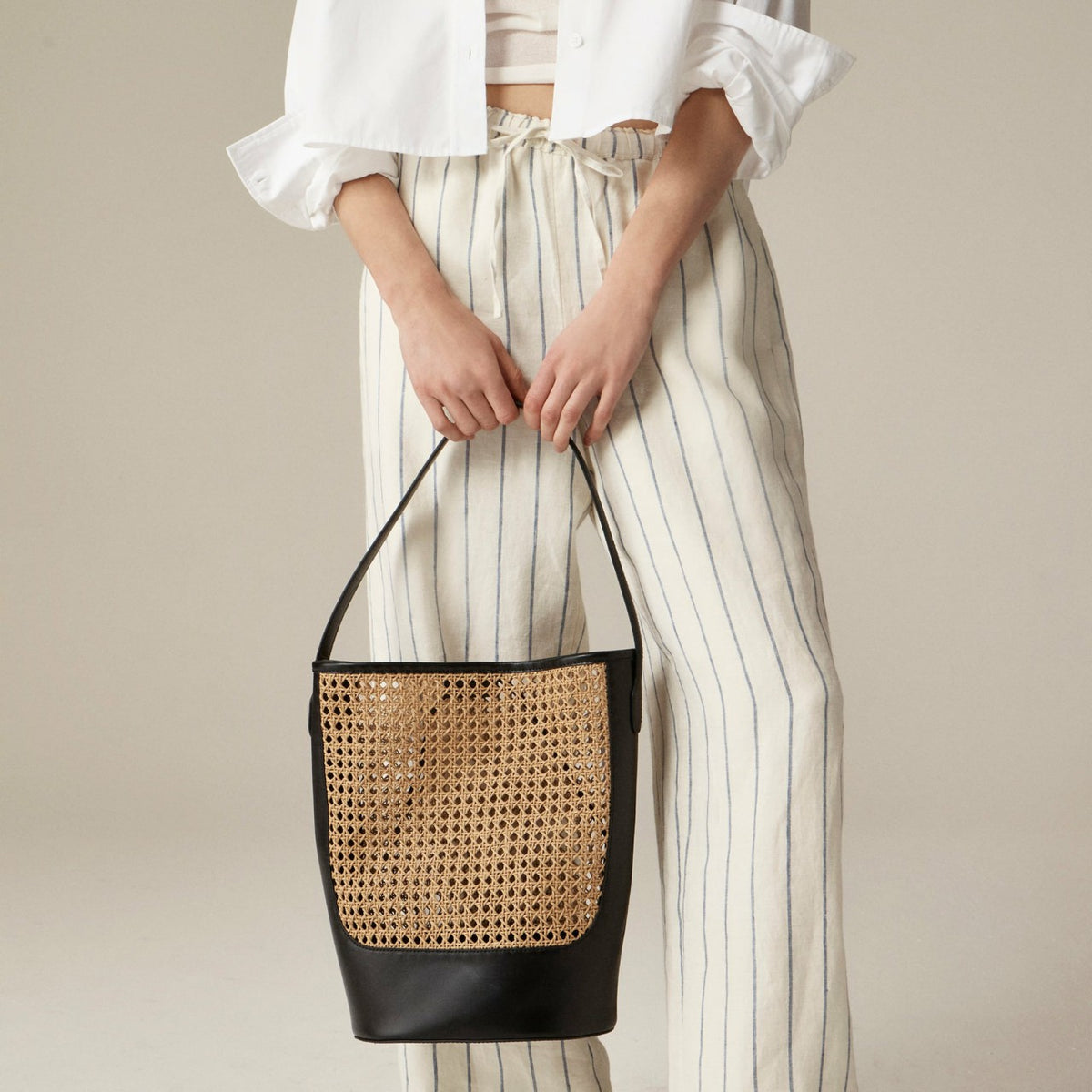 Women Berkeley bucket bag in faux raffia and leather - J.Crew