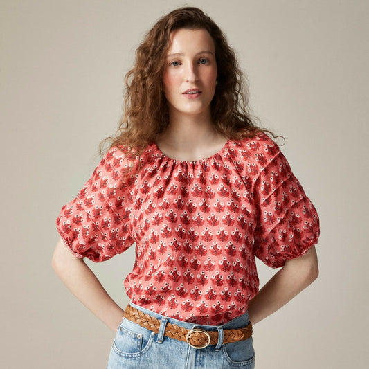 Women Puff-sleeve top in block-print ramie - J.Crew