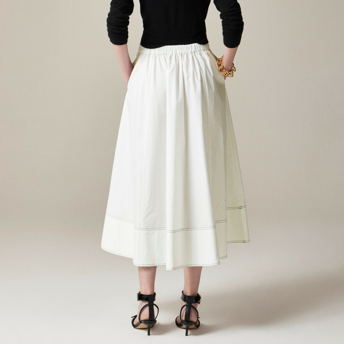 Women Contrast-stitch midi skirt in cotton poplin - J.Crew