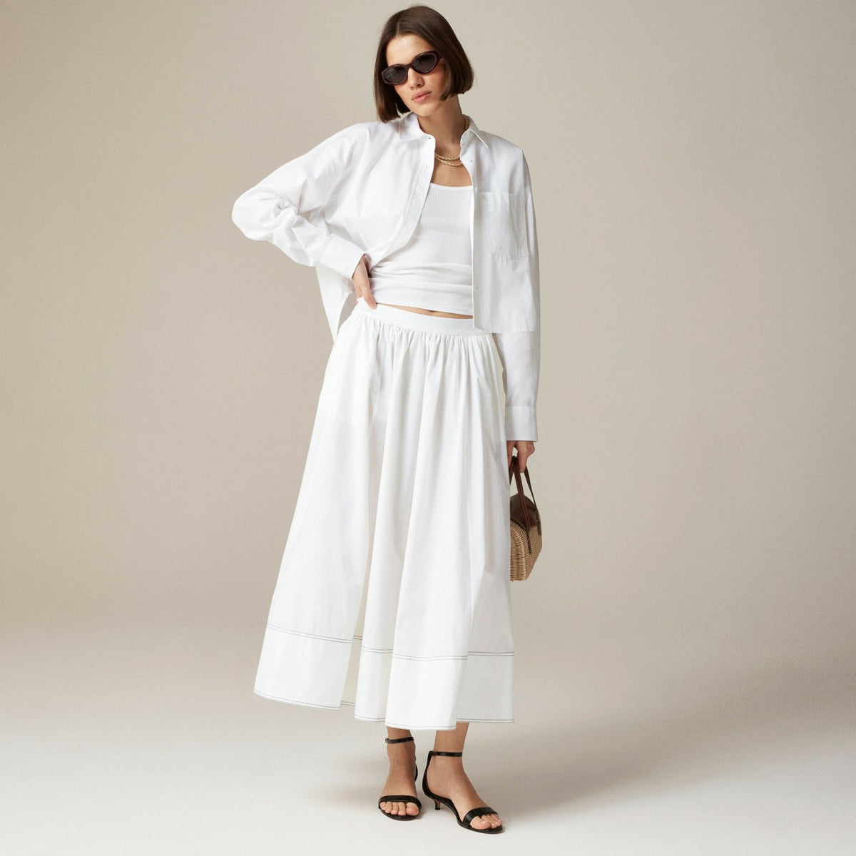Women Contrast-stitch midi skirt in cotton poplin - J.Crew