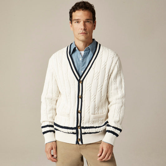 Men Cotton cable-knit varsity cardigan - J.Crew
