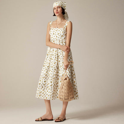 Women Squareneck midi dress in budding rose print - J.Crew
