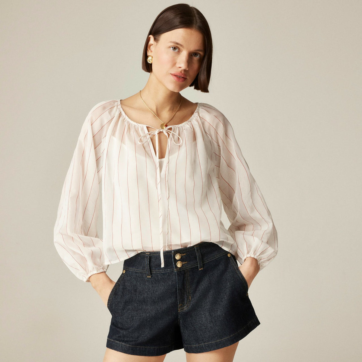 Women Tie-front popover top in dobby satin - J.Crew