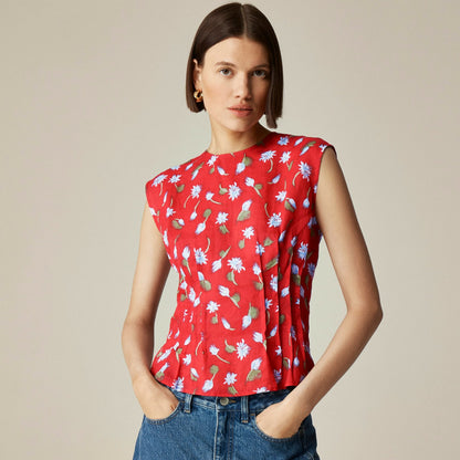 Women Pintuck shell top in brushed daisy-print ramie - J.Crew
