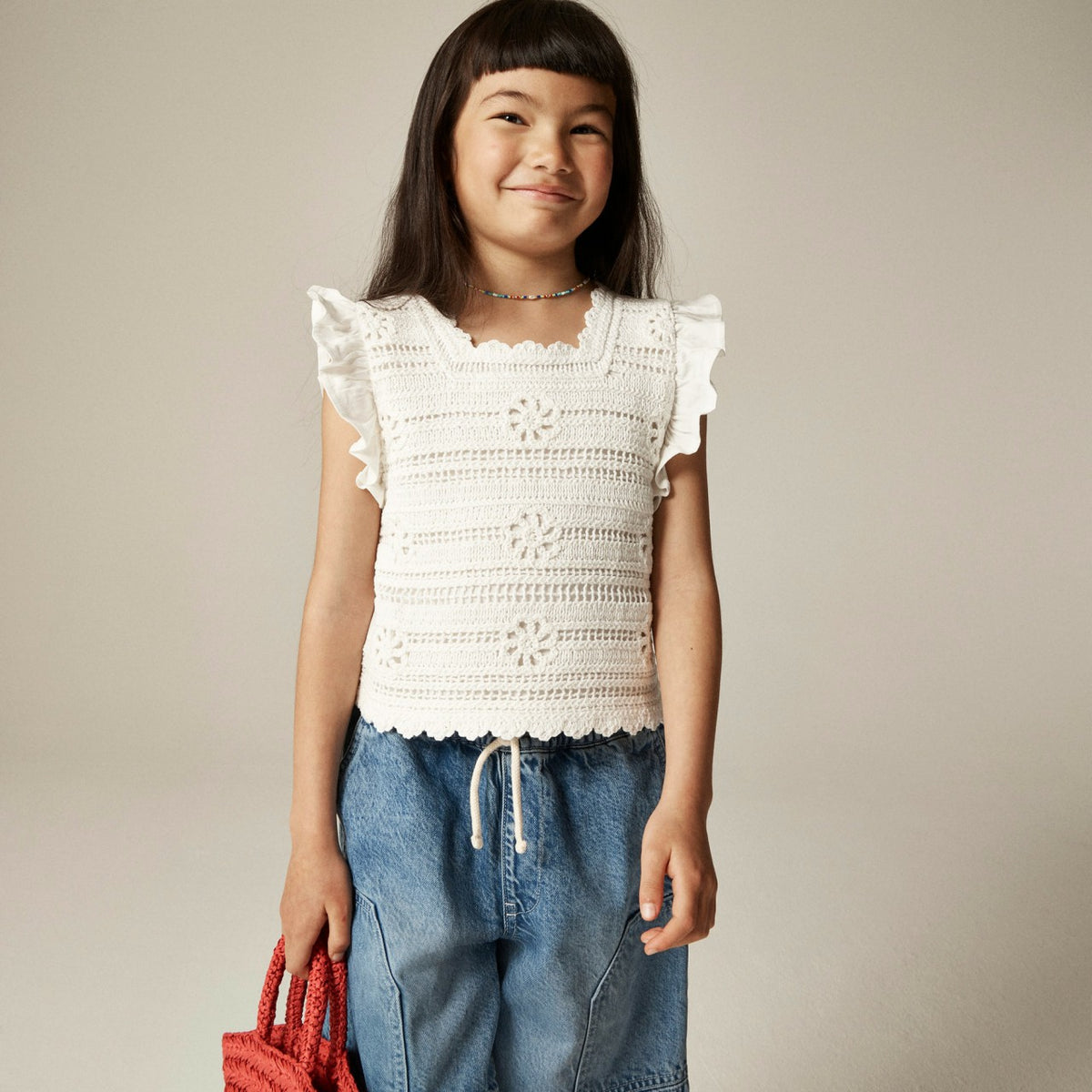 Kids Girls' crochet ruffle-sleeve T-shirt in jersey - J.Crew