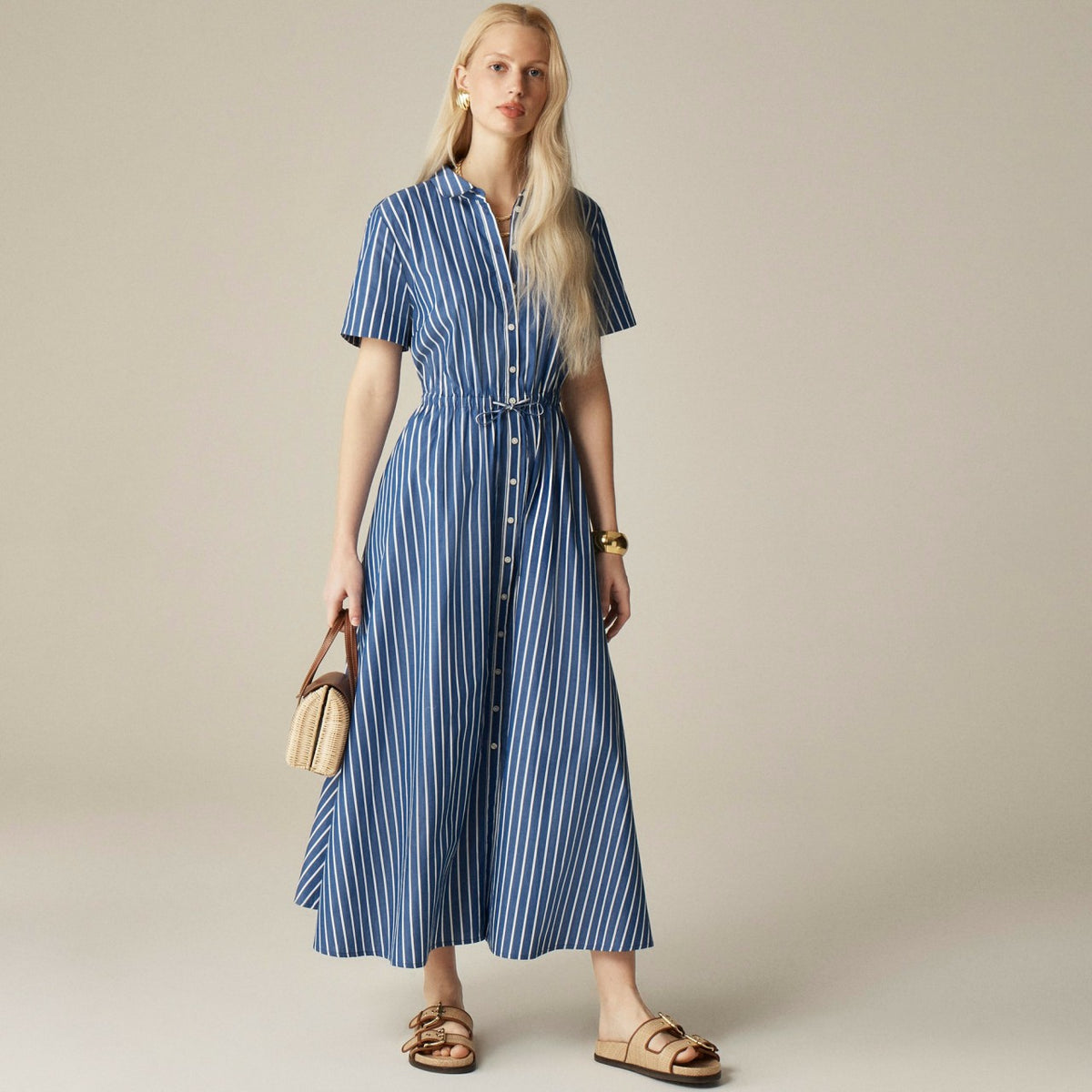 Women Shirred-waist shirtdress in striped poplin - J.Crew