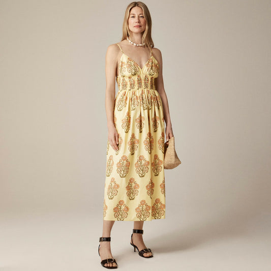 Women Smocked-waist V-neck dress in block print - J.Crew